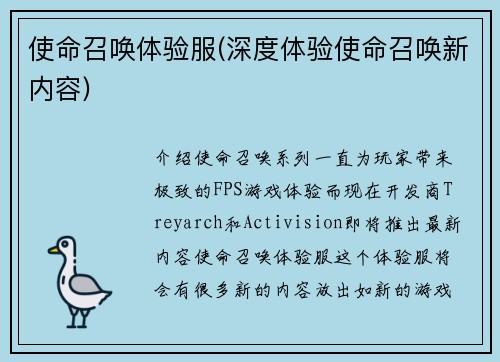 使命召唤体验服(深度体验使命召唤新内容)
